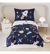 PERFEMET 4 Pcs Toddler Bedding Dark Blue Outer Space Printed Toddler Bed Set with Sheets Reversib...