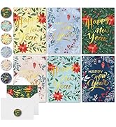 Thboxes 24 Pack Happy New Year Cards with Envelopes & Stickers - 5 * 7in Gold Foiled Happy New Ye...
