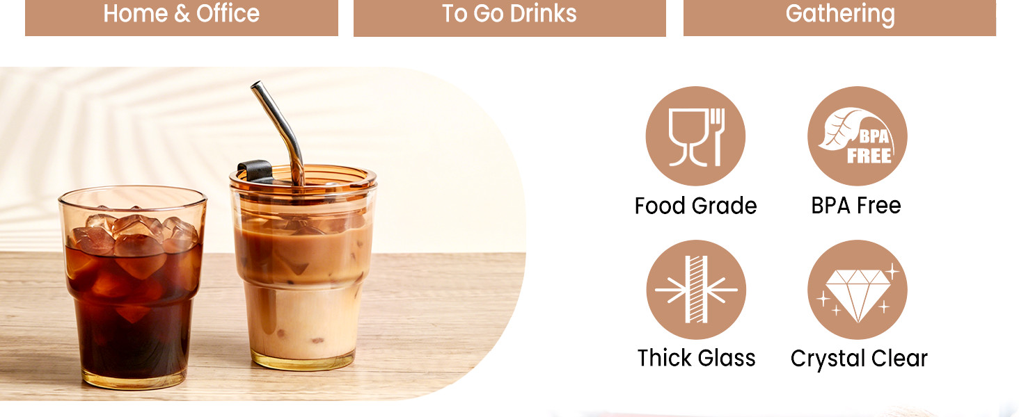Reusable Glass Iced Coffee Cups with Lids and Straws