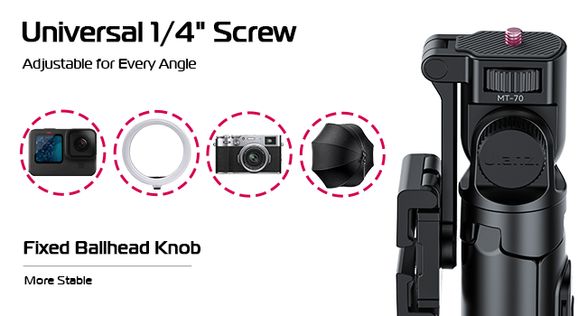 1/4" screws allow you to mount a phone holder, camera or other device