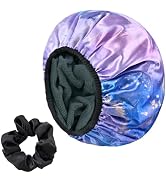 Yonchic Purple Marble Print Satin Shower Cap, Three-Layer Terry Cloth Lined, with Silk Hair Ties,...