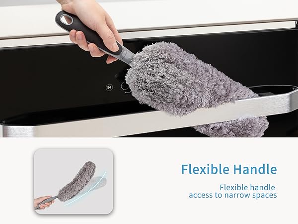 Extendable duster with gray microfiber head cleaning baseboard. Inset image shows flexible handle for reaching narrow spaces.