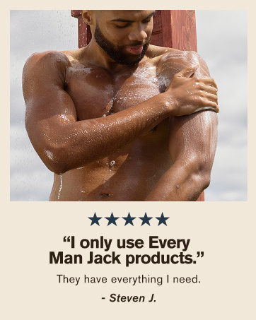 Man showering outside with Every Man Jack body wash