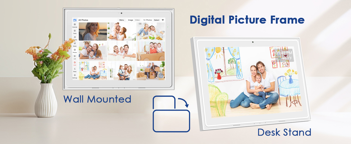 Wall-mounted or desk-stand digital calendar showing a family photo slideshow in a cozy home