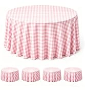 WNINK 4 Pack Pink Gingham Round Tablecloth, 84 Inch Disposable Plastic Table Covers, Pink Checker...