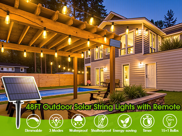 48ft Solar string lights outdoor for patio