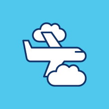Illustration of an airplane flying through clouds against a blue background