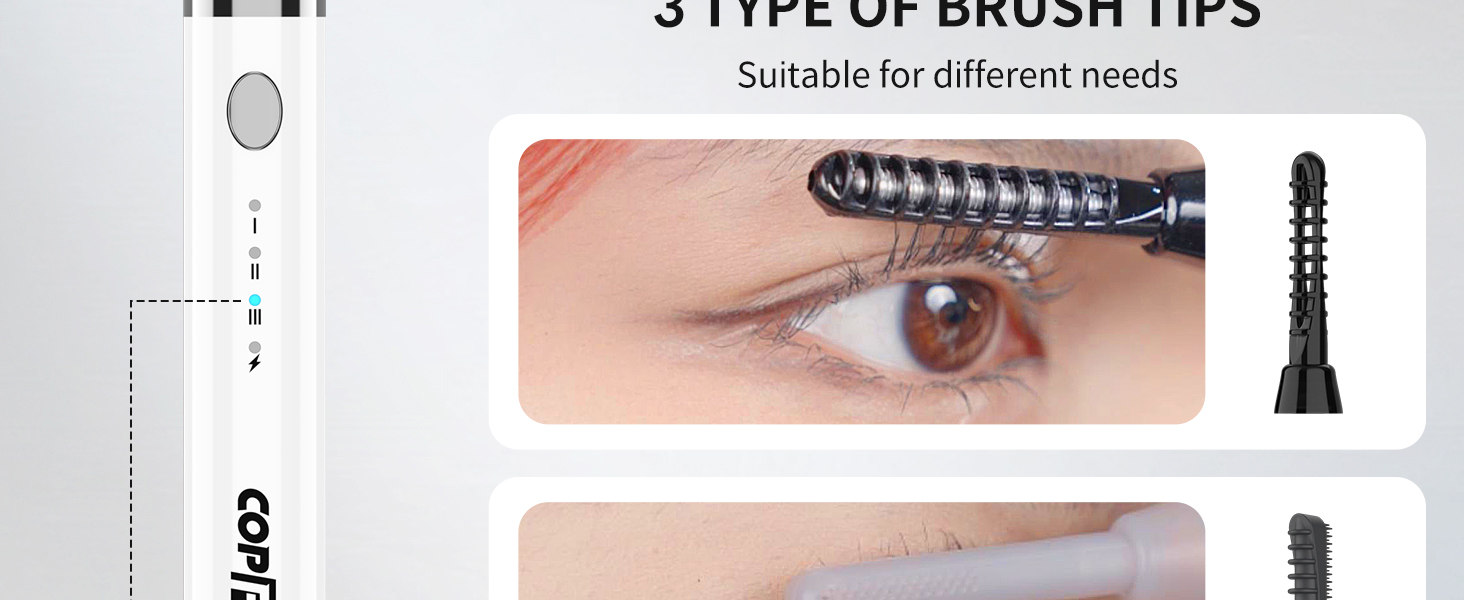 Mascara wand with spiral brush applying product to eyelashes. Two additional brush types shown: a straight bristle brush and a curved comb-like applicator.