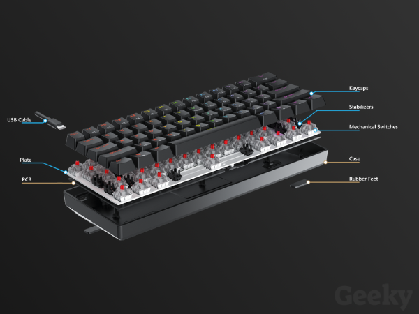 Geeky gk61 se Hotswap mechanical gaming keyboard 60% form factor dk61se gk61se gk 60% exploded view