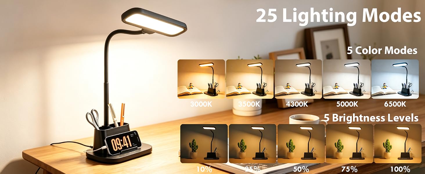 LED Desk Lamp for Dorm Room with Pen Holder USB Charging Port Small Reading Light for Home Office