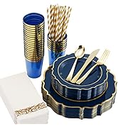 ISFANGCO 200 PCS Premium Navy Blue Hard Plastic Plates Set for 25 Guests,Gold Rimmed Disposable P...
