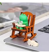 Eysinyge Miniature Desk Decor Set, Frog on Wooden Rocking Chair with Cat, Mini Resin Figurines fo...
