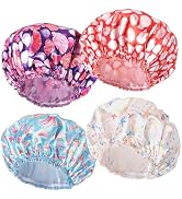 Shower Caps for Women, 4 PCS Elastic and Reusable Bath Caps, Double Layers Shower Cap Reusable Wa...