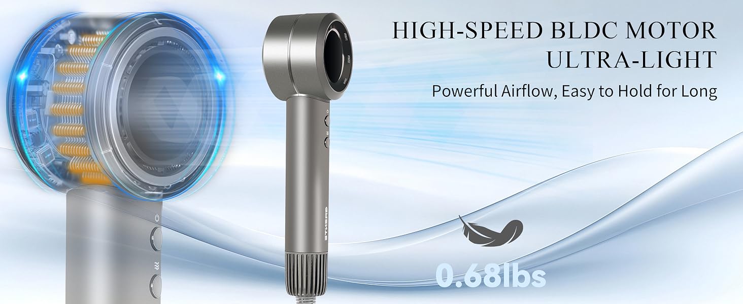 High-speed BLDC motor hair dryer, ultra-light 0.68lbs, powerful airflow, easy to hold for long