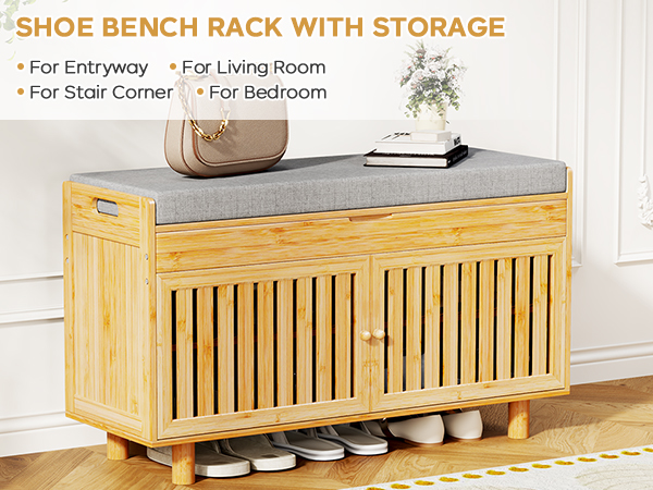 Shoe Storage Bench, Bamboo Entryway Bench with 2 Doors & Padded Seat Cushion