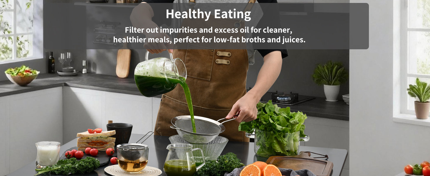 304 stainless steel strainer filters impurities and excess oil perfect for low-fat broths and juice