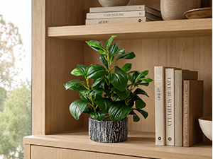 artificial green potted plant bookshelf decor