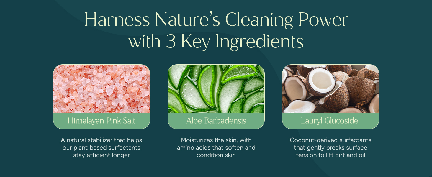 Natural dish soap with Pink Salt, Aloe, and Coconut surfactants to lift dirt and oil.