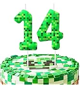 Green Pixel 14th Birthday Number Candles, Number 14 Candle Cake Topper Decorations for Green Pixe...