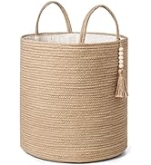 Mkono Tall Wicker Laundry Basket Woven Storage Basket Decorative Natural Rope Basket Wooden Bead ...