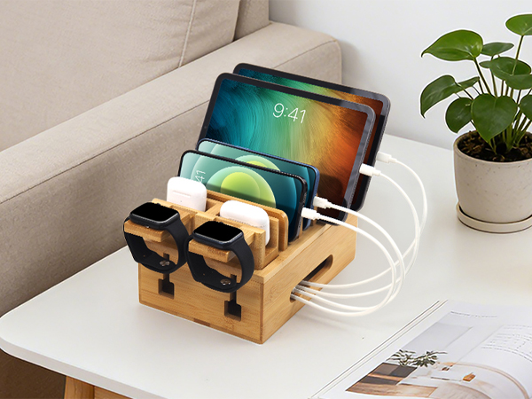 Bamboo charging station organizer for multi devices