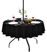 Wolkemer Water Resistant Outdoor Black Tablecloth with Umbrella Hole and Zipper, 60 inch Round Fa...