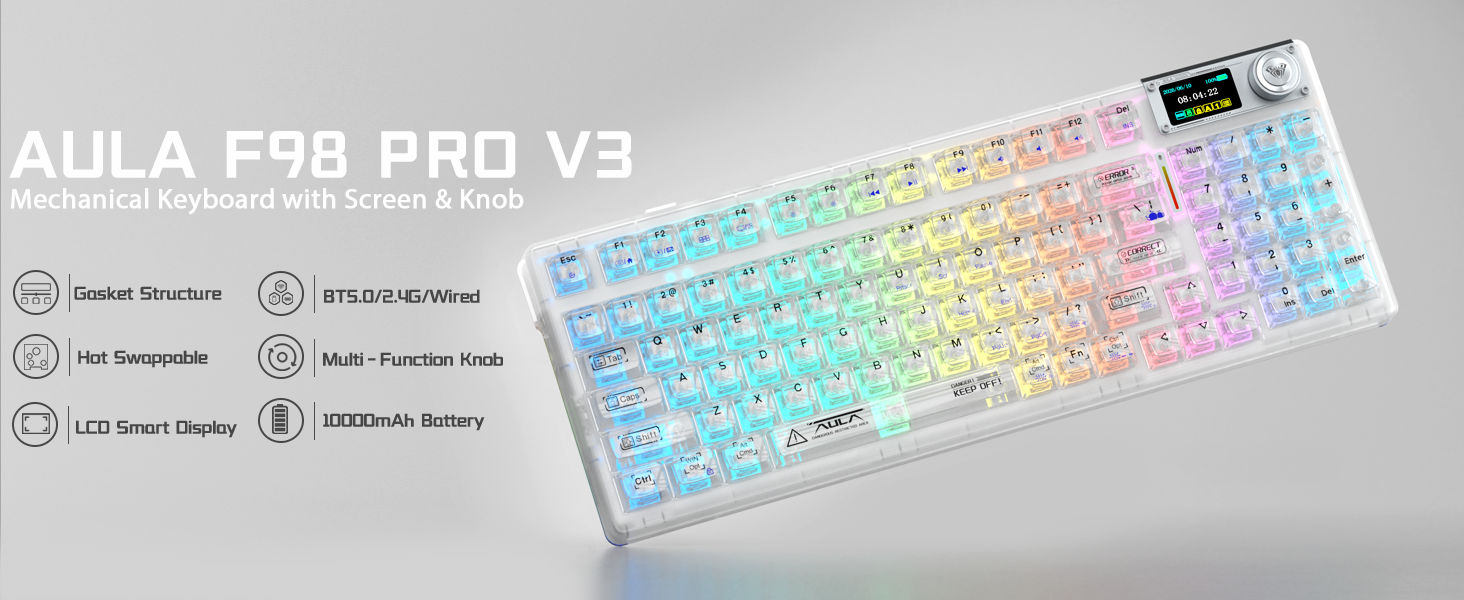 AULA F98 Pro V3 Wireless Mechanical Keyboard with screen
