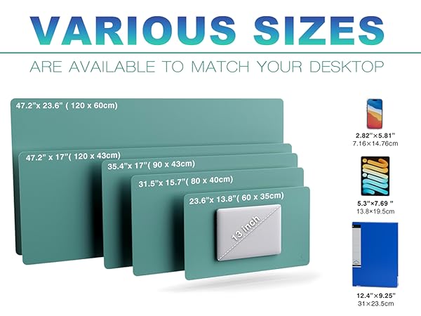 Text reads 'VARIOUS SIZES'. Display of different sized blue-green folders or documents arranged to show size progression.