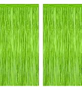 2 Pack Backdrop Curtains, 3.28 Feet x 7.05 Feet Grass Green Fringe Curtains, Metallic Tinsel Back...