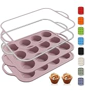 2 Packs 12 Cups Silicone Muffin Pan with Metal Reinforced Frame Regular Size Cupcake Pan Tray Egg...