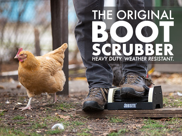 Person scrubbing off boots with chicken in background. Text reads