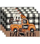 Artoid Mode Buffalo Plaid Bat Ghost Truck Spooky Halloween Placemats Set of 4, 12x18 Inch Seasona...