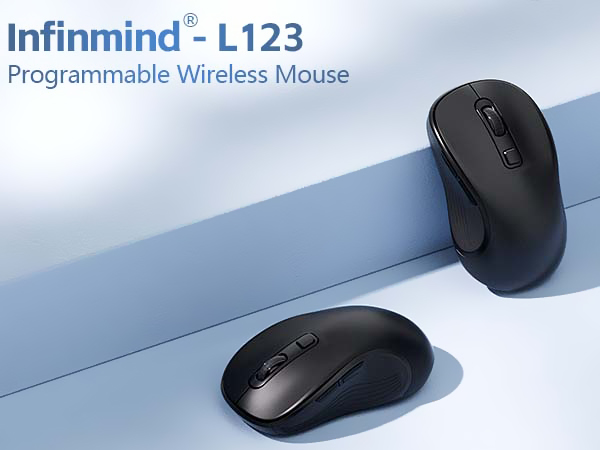 Text reads 'Infinimind - L123' and 'Programmable Wireless Mouse'. Two black ergonomic wireless computer mice shown on blue angled surface, demonstrating different viewing angles.