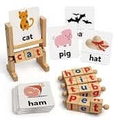 Coogam Wooden Reading Blocks Short Vowel Rods Spelling Games, Flash Cards Turning Rotating Letter...
