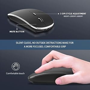 Silent click wireless mouse, adjustable DPI, ergonomic comfortable hand grip design