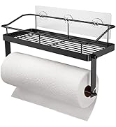 Adhesive Paper Towel Holder Shelf, 2-in-1 Wall Mounted Black Paper Towel Roll Rack Basket for Kit...