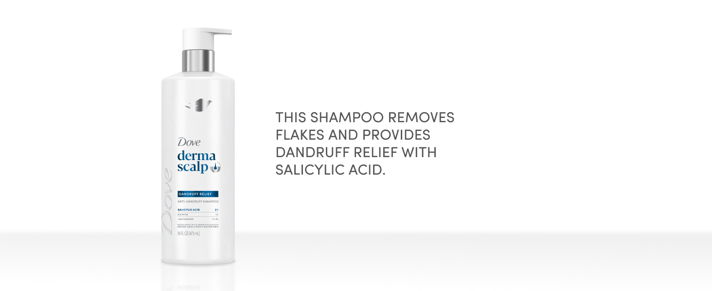 DermaScalp Dandruff Relief Shampoo next to text about removing flakes & salicylic acid.