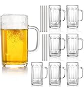 ZENFUN 8 Pack Heavy Large Beer Glasses, 14 Oz Glass Beer Mugs with Handle & Stainless Steel Straw...
