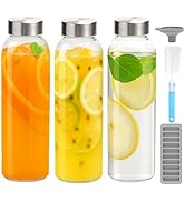 Zukro Glass Water Bottles with Lids 24 oz, 3 Pack Reusable Juice Bottles With Stainless Steel Air...