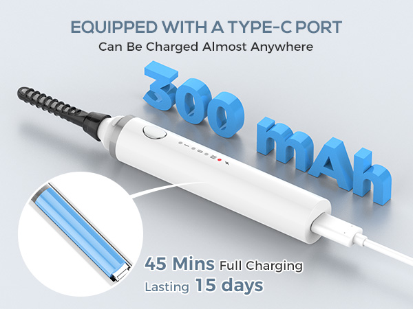 White electric toothbrush with Type-C charging port. Features 45-minute full charging time and 15-day battery life, shown with blue text and graphics.