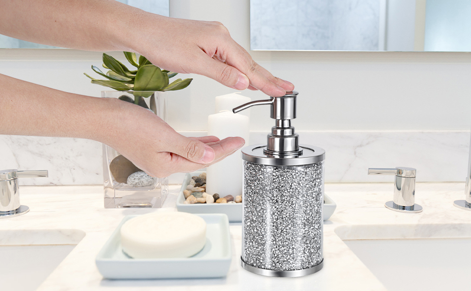 Sparky Glass Crushed Diamonds Soap Dispenser Bottle with Stainless Steel Pump
