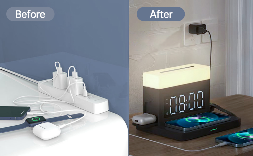 Wireless Charging Station 65W USB C Charger,Alarm Clock Magnetic Night Light Fast Charging Stand