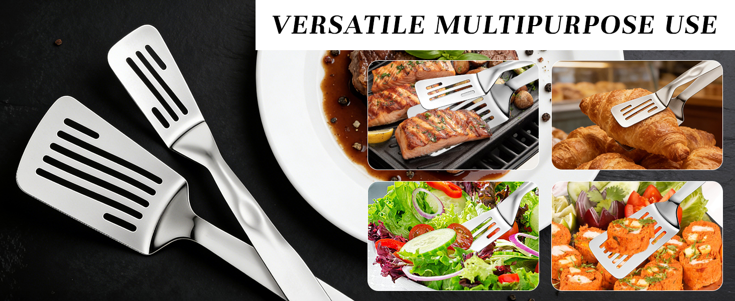 Collage of the spatula tongs being used for salmon, croissants, salads, and meat rolls.