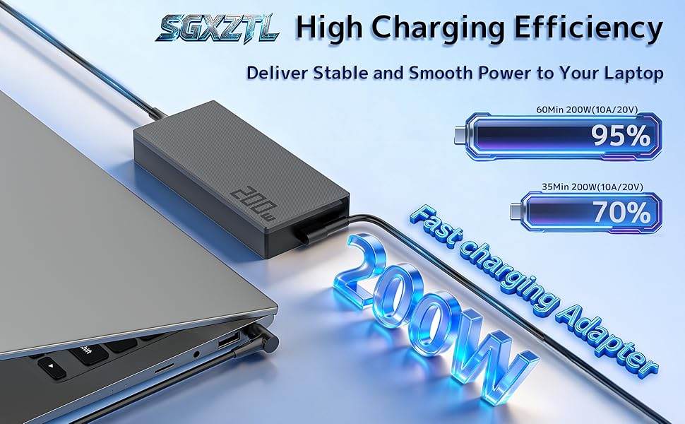 200W Fast Charging Laptop Power Adapter, Input 100-240V, 50-60Hz, Output 20V 10A 200W