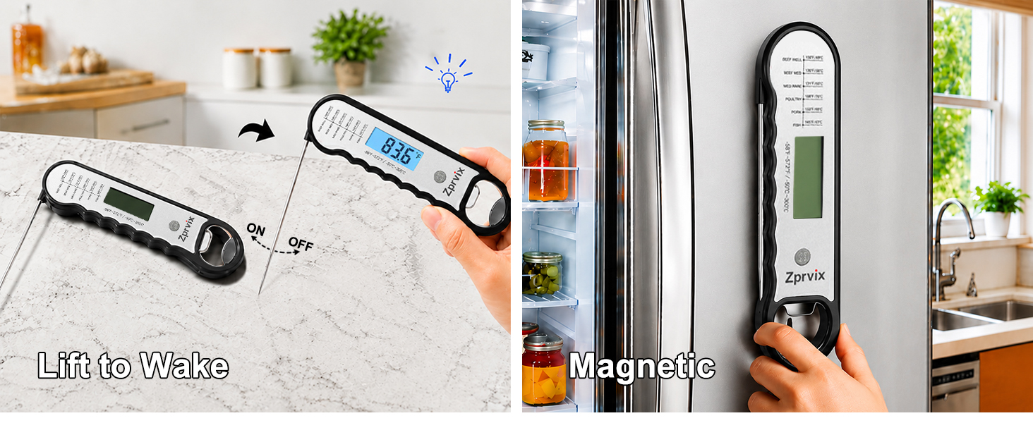 Cooking thermometer with lift-to-wake feature and magnetic back for easy kitchen storage