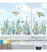 Underwater themed wall decal featuring colorful sea turtles, fish, coral, and seaweed in a playful watercolor style stretching across multiple panels.