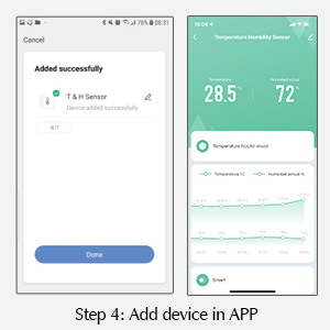 Mobile app interface showing device setup screens with temperature reading of 28.5 and graph displays for monitoring controls.