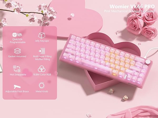 Womier 60% Gaming Keyboard Pink Transparent Jade, QMK/VIA Creamy Mechanical Keyboard