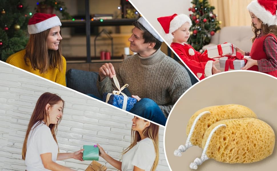Split image showing holiday gift exchanges and a close-up of a natural sponge with soap suds.