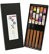 Exzact Bamboo Chopsticks Set 5 Pairs Japanese Style Gift Box Ukiyo-e | Natural Bamboo with Smooth...